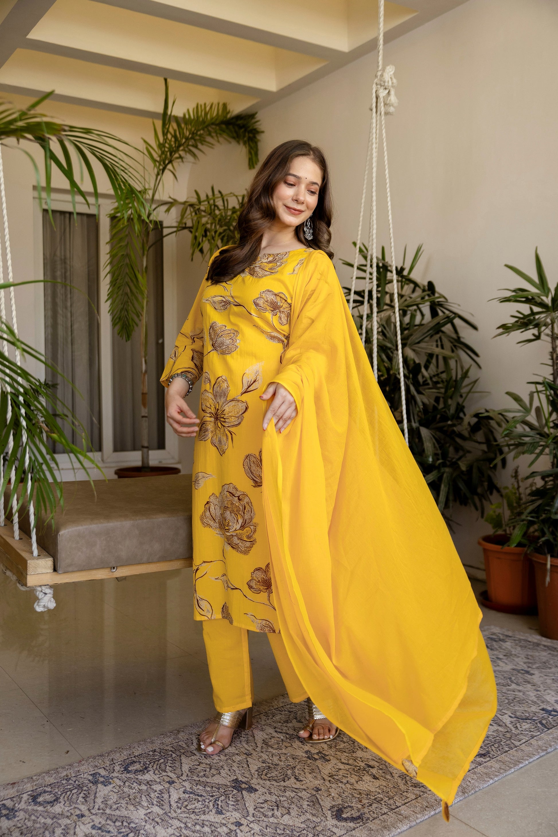 Yellow Printed Embroidered Kurta , Pant And Dupatta set.