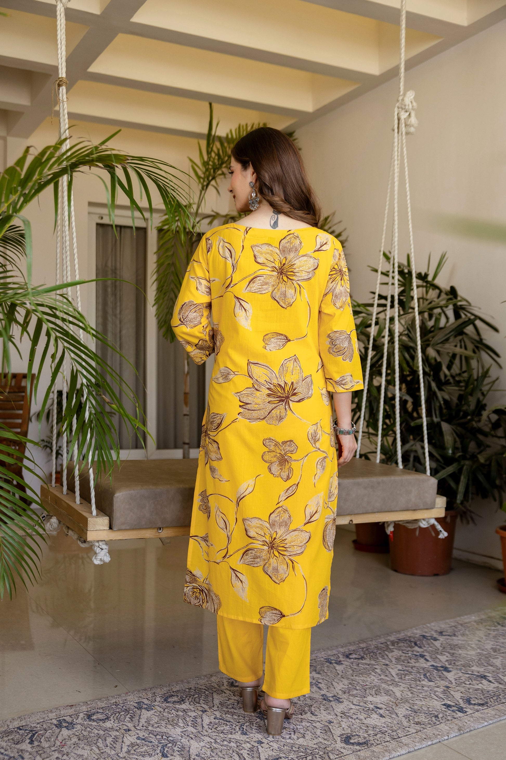 Yellow Printed Embroidered Kurta , Pant And Dupatta set.