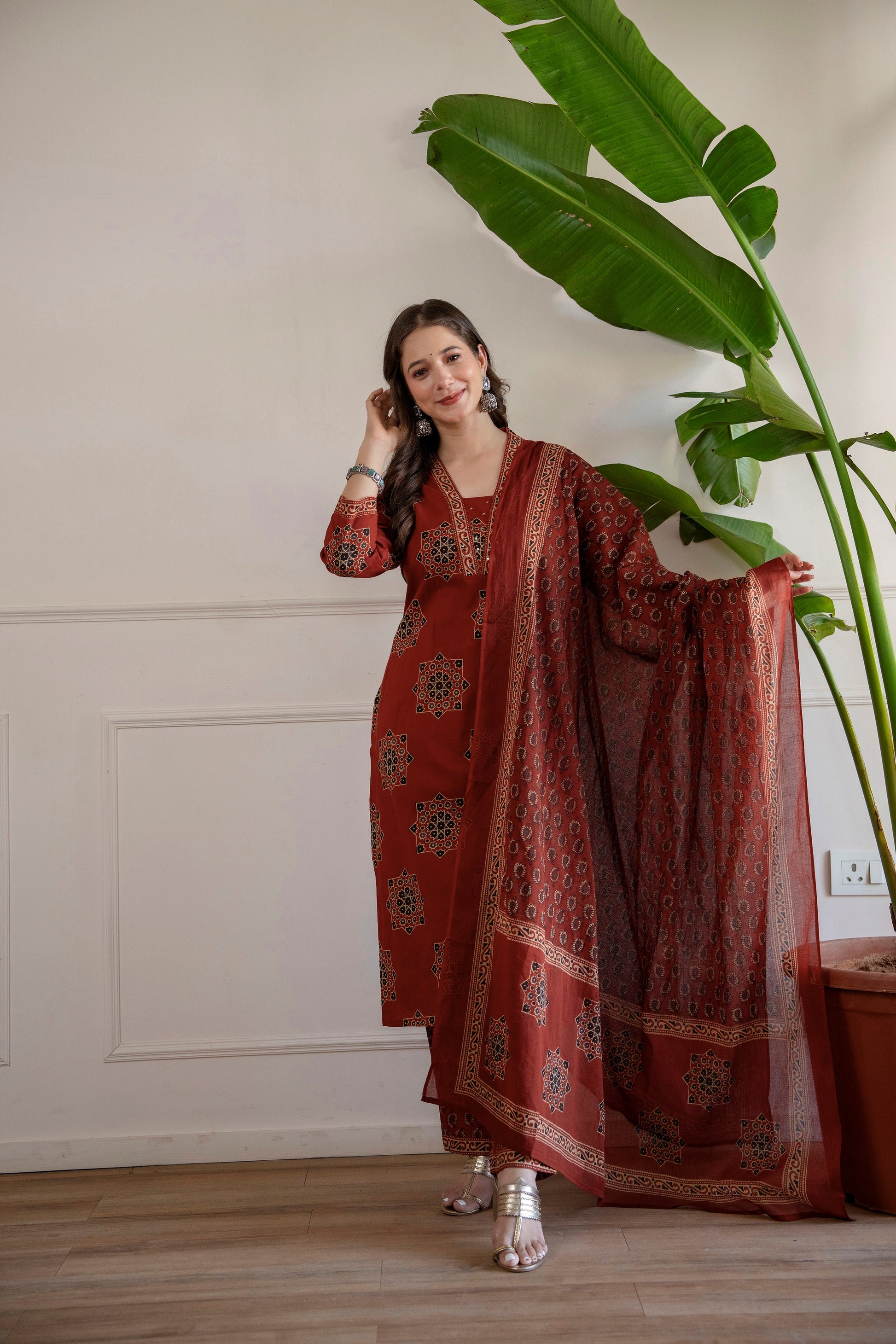 Red Printed Embroidered Kurta , Pant And Dupatta set.