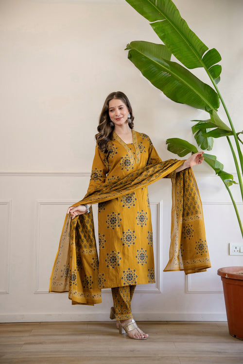 Yellow Printed Embroidered Kurta , Pant And Dupatta set.