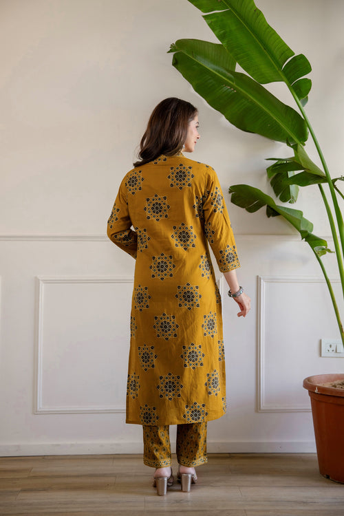 Yellow Printed Embroidered Kurta , Pant And Dupatta set.