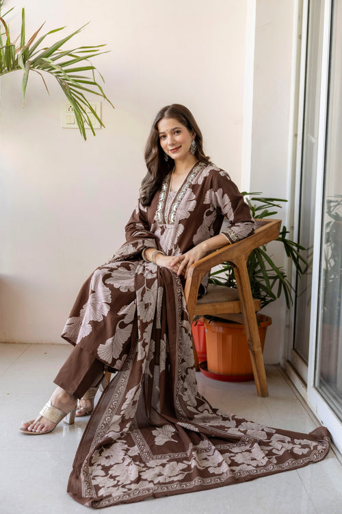 Brown Printed Embroidered Kurta , Pant And Dupatta set.