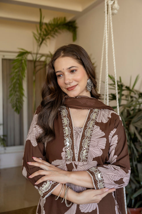 Brown Printed Embroidered Kurta , Pant And Dupatta set.