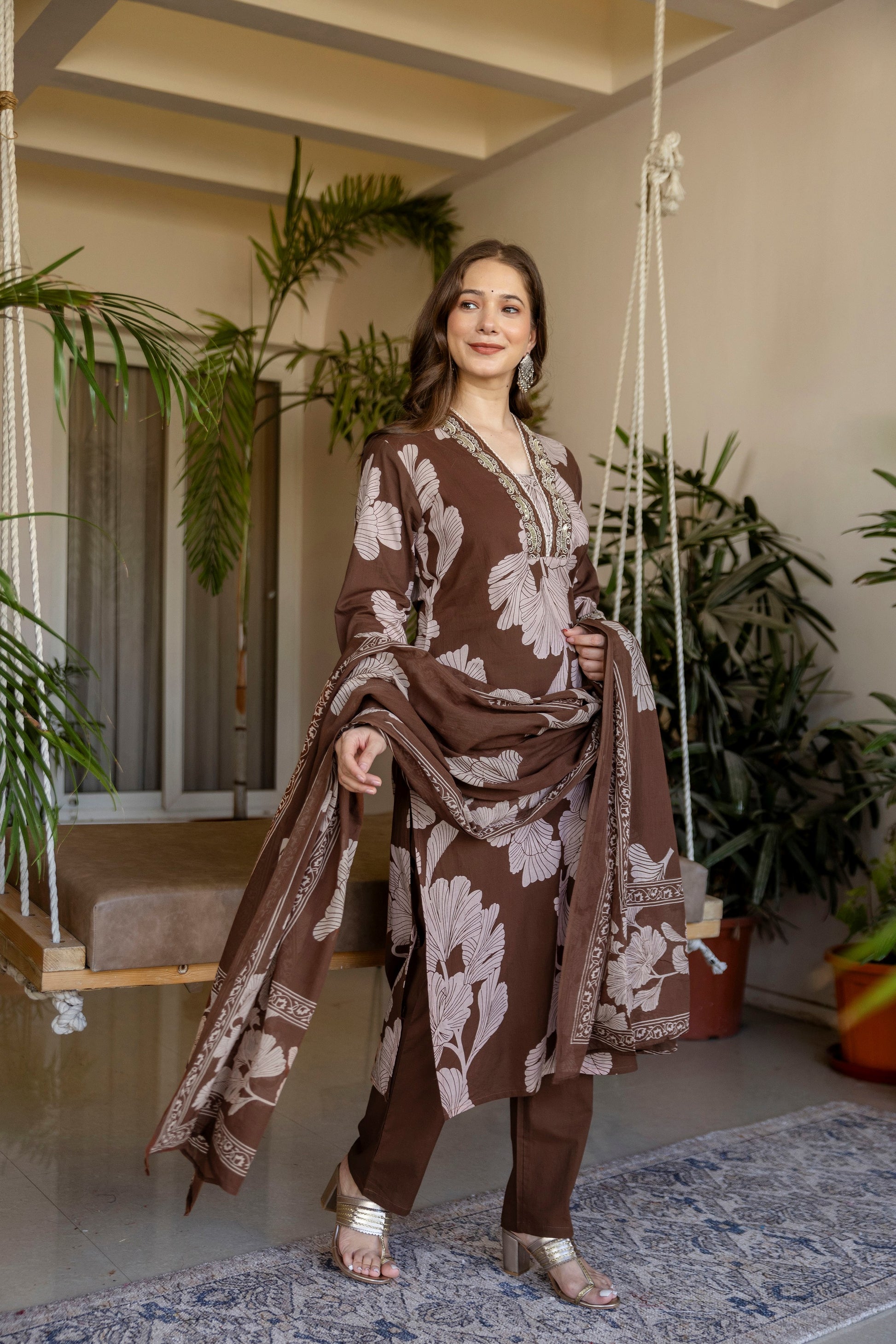 Brown Printed Embroidered Kurta , Pant And Dupatta set.