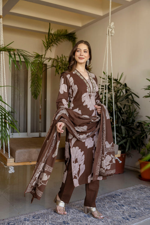 Brown Printed Embroidered Kurta , Pant And Dupatta set.