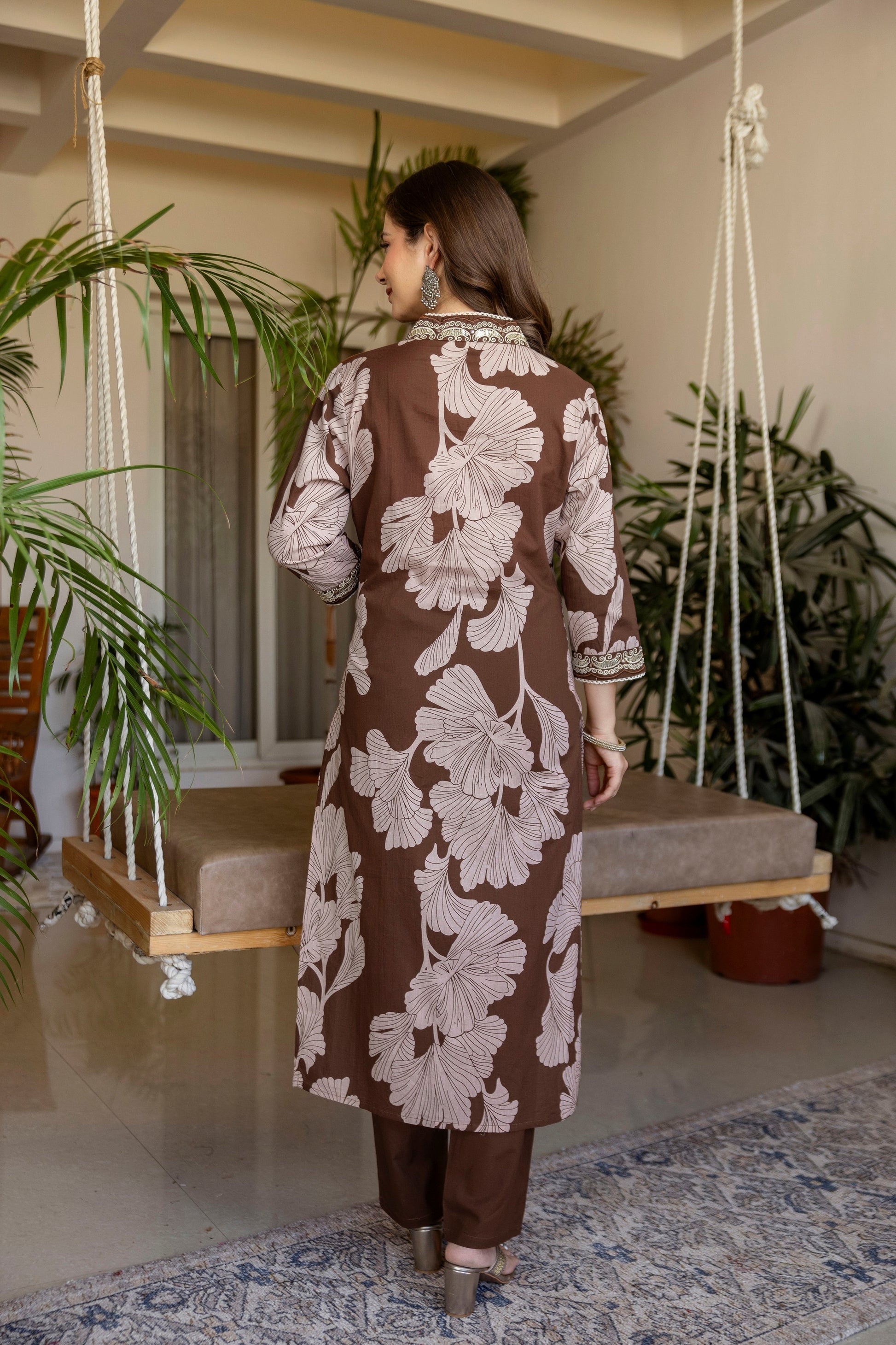 Brown Printed Embroidered Kurta , Pant And Dupatta set.