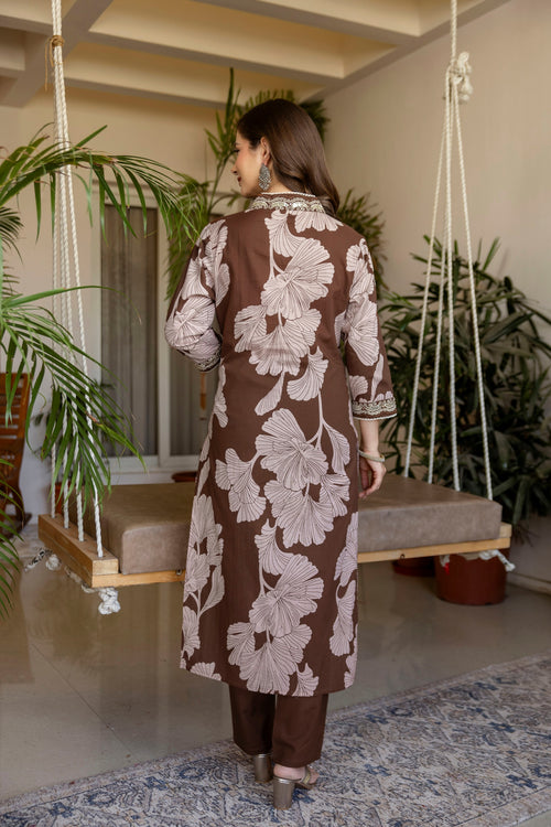 Brown Printed Embroidered Kurta , Pant And Dupatta set.