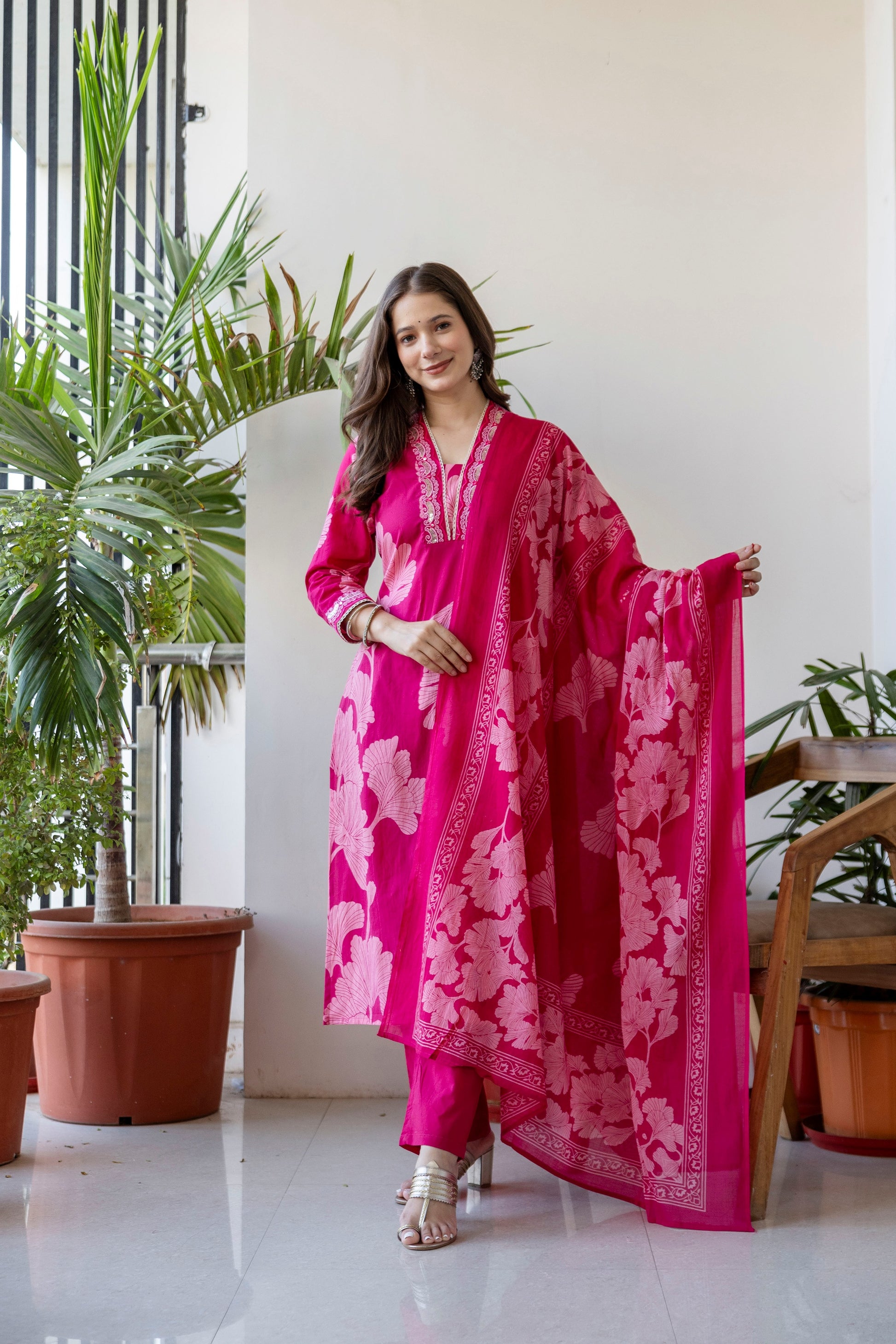 Pink Printed Embroidered Kurta , Pant And Dupatta set.