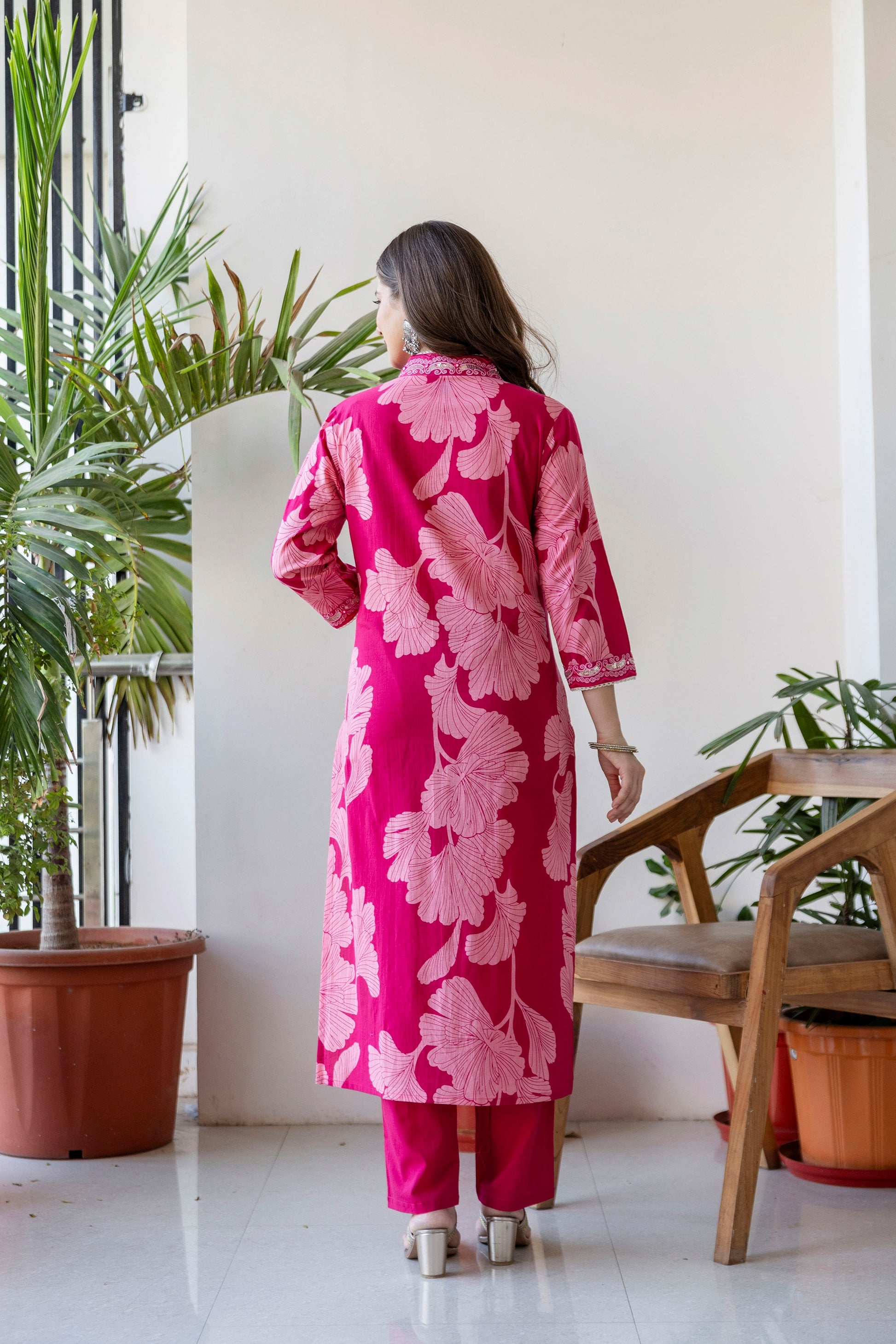 Pink Printed Embroidered Kurta , Pant And Dupatta set.