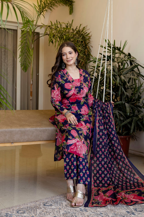 Multicolor Printed Embroidered Kurta , Pant And Dupatta set.