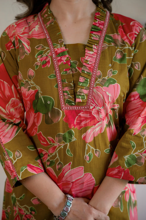 Mustard Printed Embroidered Kurta , Pant And Dupatta set.