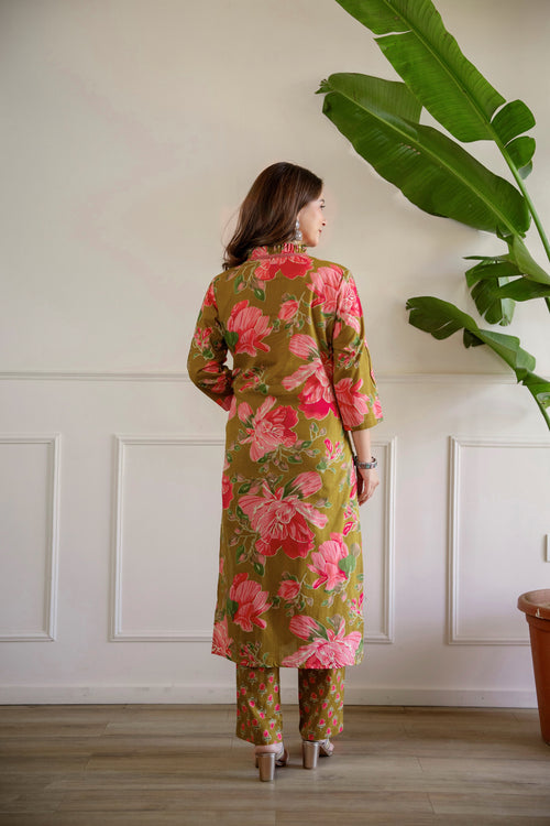 Mustard Printed Embroidered Kurta , Pant And Dupatta set.